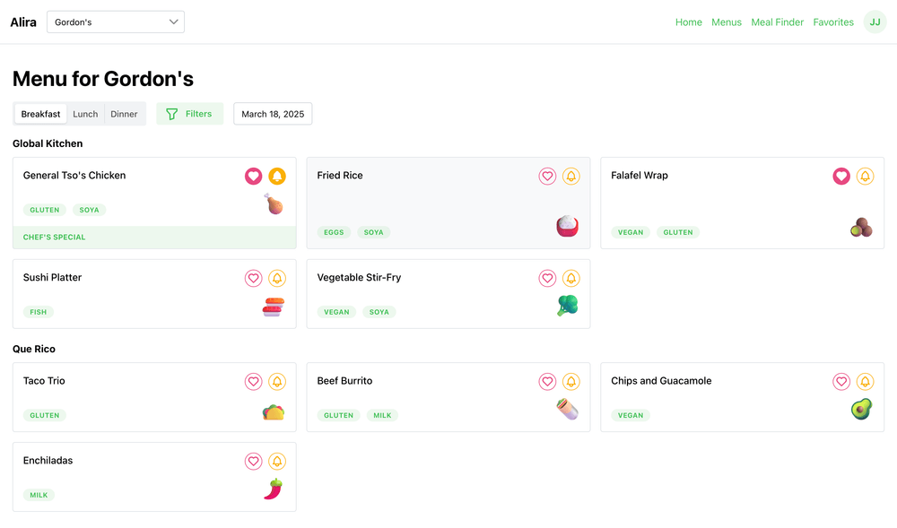 Screenshot showing menu items with like buttons and notification buttons. Screenshot also shows meal periods and dining locations.