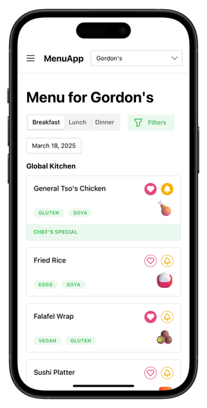 Screenshot showing menu items with like buttons and notification buttons. Screenshot also shows meal periods and dining locations.